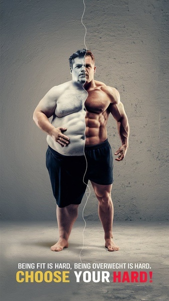 A split-screen vertical creative showcasing a dramatic physical transformation from overweight to muscular with bold, provocative text overlays.